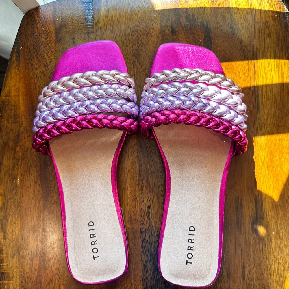 Torrid Slide Sandal Women 11WW Pink Metallic Braided Ombre Flat Summer - Picture 2 of 13